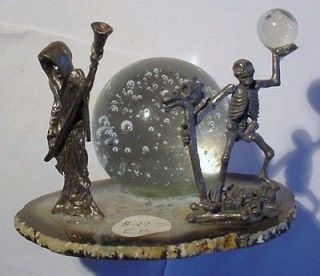 GLASS BUBBLE BALL Paperweight. Grim Reaper & Skeleton on Agate Slab.