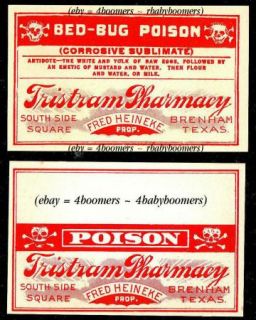   ALL Poison or Warning Pharmacy Drugstore Medicine Bottle Label Brenham
