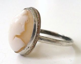 Vintage Shell Cameo Ring Mid 1800s Antique Silver, Victorian Era Size 