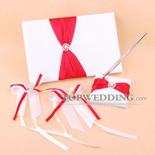 New Satin Red Gemstone Wedding Guest Book Pen Set 2 Ornament Ribbon as 