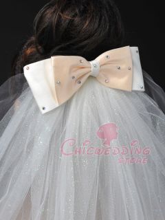   Glitter Rhinestone Elbow Length Bridal Wedding Veil Bow Ribbon