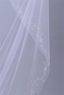 Bridal Veil Wedding One Tier White Cathedral Beaded Floral Vine Motif 