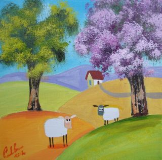    sheep colourful Scottish folk art original oil painting Gordon Bruce