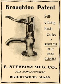 1905 Ad E Stebbins Broughton Patent Faucet Basin Cocks Home Plumbing 