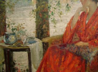 Vintage American Impressionist Woman in A Red Robe Sitting by The Lake 