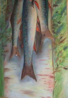 Large Antique Pastel Drawing Brook Trout Fishing Cabin