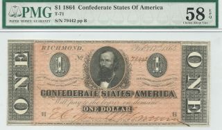1864 $1 Confederate Civil War Currency Clement Clay PMG Choice About 