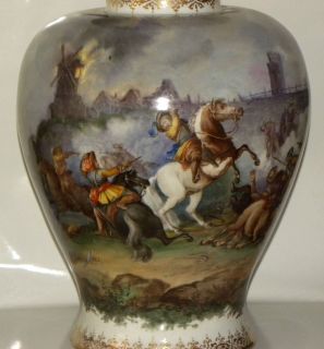 Antique German Dresden Porcelain Vase Hand Painted Figures And Battle 