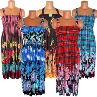 New Womens Slinky Knit Smocked Sun Dress One Size S M L XL Boho Shabby 
