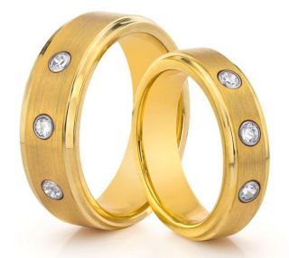   6mm Tungsten Carbide Brushed Gold Diamond Wedding Band Ring Set