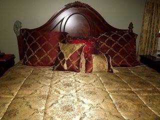 15pc Burgundy Gold King Comforter Set Throw Pillows Curtains