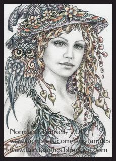 Original ACEO Magic Witch and Owl Fairy Tangle Sketch Card NJB Art 