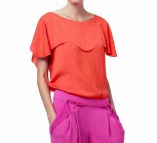 Lady Basic Flouncing Layered Front Cape Sleeve Chiffon Top Blouse s M 