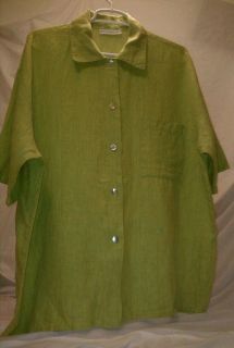 Bryn Walker Green Yellow 100% Linen Lagenlook Blouse Top Shirt S