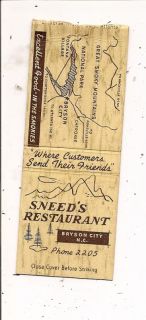  Sneed's Restaurant Bryson City Matchbook