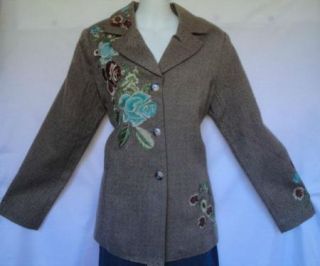 Coldwater Creek Brown Tweed Wool Blend Embroidered Blazer Jacket 8P PS 