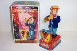   1950S TIN LITHO BUBBLE BLOWING MUSICIAN MIB BATTERY OPERATED TOY JAPAN