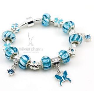   Style Blue Beads Charms Butterfly Silver Bracelet PA1311 Bag