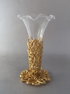   Chic Gold Gilt Ormolu Metal Bud Flowers Vanity Glass Vase