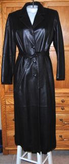 Preston York Lambskin Leather Belted Trench Coat Black Long Womens Sz 