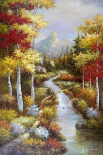 Woods Cabin Stream Fall Trees Landscape LG Oil Painting