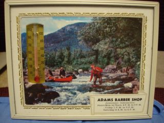 ADVERTISING FLY FISHING CALENDAR THERMOMETER ADAMS BARBER SHOP 