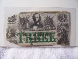 Obsolete State of Missouri $3 Note Currency 1862 Printed on Blue Paper 
