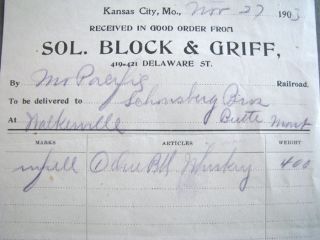   Sol Block Griff Whiskey Billhead Kansas City to Butte Montana