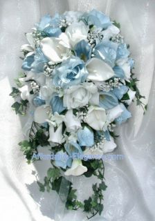    White CALLA LILY ROSES Bridal Cascade BOUQUET Silk Wedding Flowers