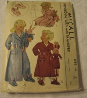 Vintage 1940s 40s McCalls 1145 Robe Toy Slippers Pattern Size 2 Uncut 