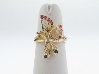 Butterfly Natural Ruby Blue Sapphires Diamonds Solid 14k Yellow Gold 