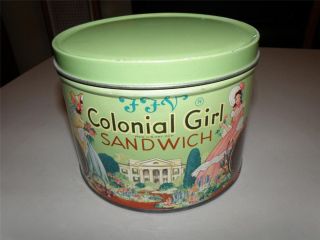 Vintage Southern Biscuit cookie candy tin w/ colonial girl graphics 