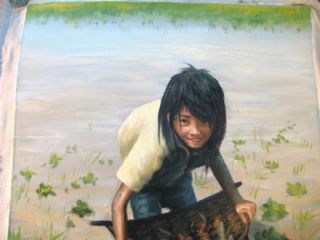Cambodia Little Girl Collecting Fish Oil Painting Art A
