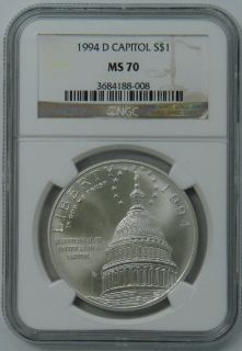 1994 D NGC MS70 Capitol Commemorative Silver Dollar Coin