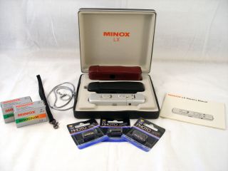 Minox LX Film Camera Silver Finish Black Burgandy Cases w Film Batts 