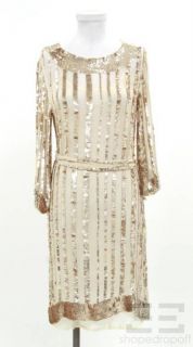 Candela NYC Gold Sequined Cream Silk Belted Dress Size Medium New 