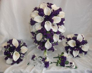 Purple Calla Lilies Rose Bridal Wedding Flowers Set New