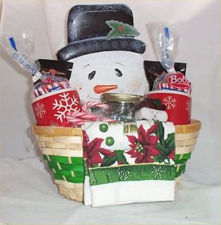 Snowman Gift Basket Mugs Cocoa Candy Tin Wall Plaque Candles Holiday 