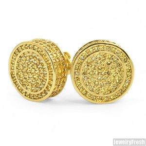 Canary Yellow XL 360 Cubic Zirconia Fully Iced Round Earrings for Men 