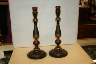 Pair Antique Large Hand Turned Wood Candlesticks C 1910