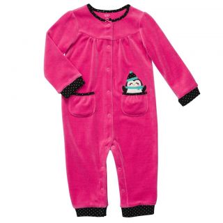 Carters Toddler Girls Pink Velor One Piece Penguin Jumpsuit Knit Cuffs 
