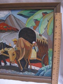 Sgnd Oil Painting Conestoga Ox Cart Wagon San Salvador