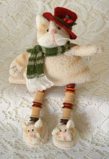 New Folk Art Country Cat Kitten in Red Top Hat Scarf Cat Slippers 