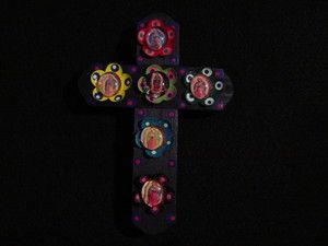 Mexican Folk Art Painted Bottlecap Milagros Wooden Cross