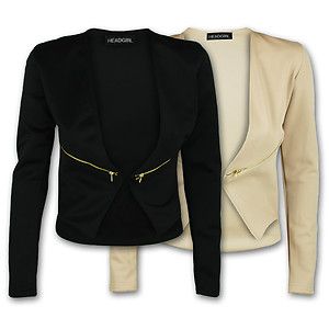Blazer Jacket Ladies Full Sleeves Waterfall Zip Detail Top Cropped 