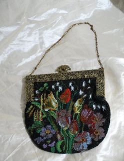 Antique Beaded Purse Colorful Seed Beads in Tulip Garden Design 