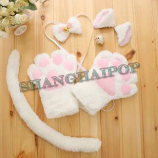 Cat Claw Gloves Ears Headband Bow Tail French Maid Costume Cosplay 
