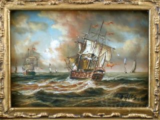   Hess Oil on Board Maritime Painting Carrack Ships at Sea Signed