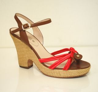 Celine 2012 Woven Wedge Espadrilles Leather 40 Coral and Brown