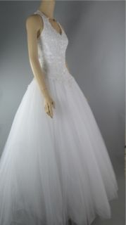 Oleg Cassini White Princess Wedding Halter Dress Gown Size 6 XS Sequin 